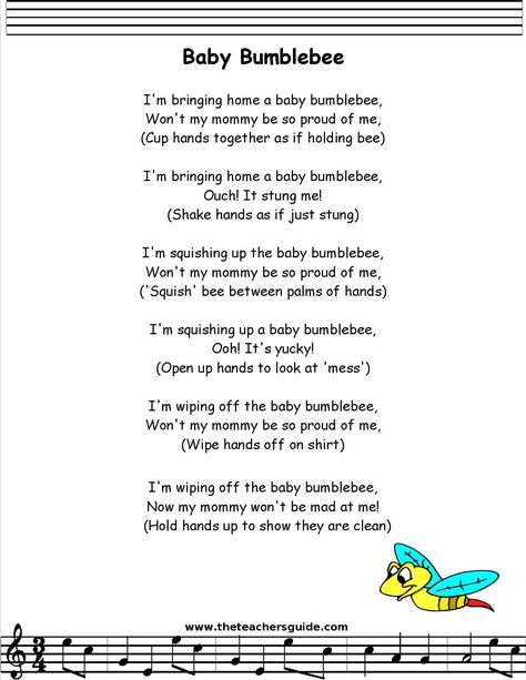 babybumble bee lyrics printout Nature, Baby Nursery Rhymes, Bee Songs Preschool, Spring Songs For Toddlers, Fun Preschool Songs, Songs For Infants, Baby Bumble Bee Song, Daycare Songs, Sweet Little Bumblebee