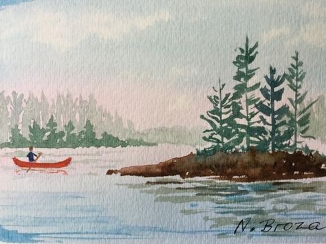 Watercolor lake with red canoe Croquis, Canoe Watercolor Painting, Watercolor Lake Landscapes, Scenic Watercolor Paintings, Lake Watercolor Painting Easy, Watercolor River Easy, City Watercolor Painting Easy, Watercolor Lake Painting, Watercolor Lake Scene Tutorial