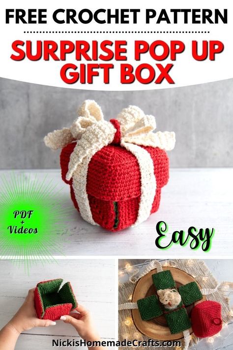 Gender Reveal Parties, Amigurumi Patterns, Gift Box Pattern, Tunisian Crochet Free, Pop Up Gift, Crochet Valentine Patterns, Crochet Box, Crochet Christmas Gifts, Valentines Gift Box