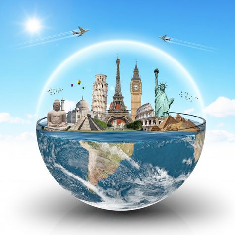 Famous landmarks of the world surrounding planet earth Photo | Premium Download Turismo Logo, Travel Advertising Design, Tourism Design, Photo Voyage, Travel Advertising, Famous Monuments, Earth Photos, Travel Poster Design, A Glass Of Water