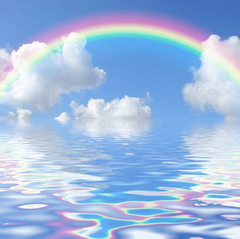 Rainbow Seascape. Abstract of a blue sky with a rainbow and cumulus clouds, refl , #AFF, #blue, #sky, #Abstract, #Rainbow, #Seascape #ad Illustration Elements, Cloud Illustration, Y2k Background, Gold Wallpaper Background, Cumulus Clouds, Water Aesthetic, Cute Laptop Wallpaper, Water Background, Elements Illustration