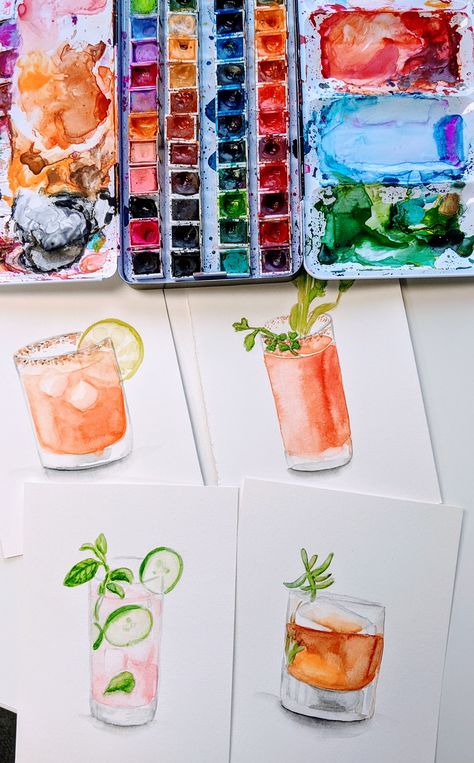 A set of colorful watercolor drinks. Fun summer watercolor cocktails for your upcoming party. Kawaii, Cocktail Watercolor Illustration, Watercolor Drinks Cocktails, Watercolor Cocktail Art, Drink Art Illustration, Summer Watercolor Ideas, Cocktails Painting, Watercolour Cocktails, Summer Watercolor Paintings