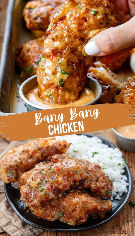 A chicken tender is being dipped into bang bang sauce, and a black plate is loaded with white rice and bang bang chicken. Dinner Meal Ideas Healthy, Rich People Food Recipes, Fast Cooking Recipes, Bang Bang Chicken, Resepi Biskut, Chicken Tenderloin Recipes, Making Dinner, Weekday Dinner, Tenderloin Recipes