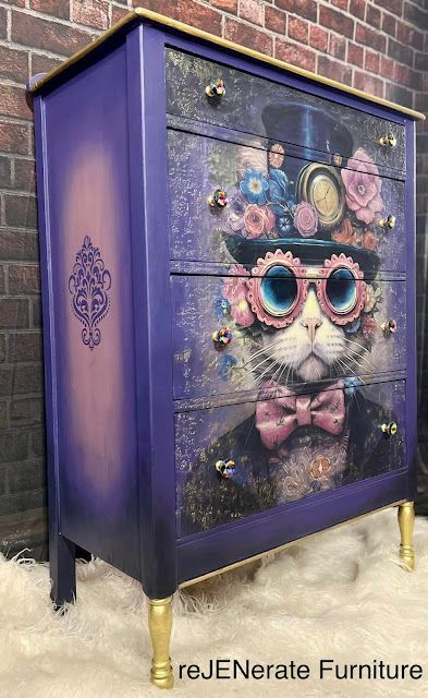 Forest Circle Furniture: WhimsyKel Designs 'Dapper Dan' Decoupage Paper Printable Free, She Shed Craft Room Ideas, Diy Decoupage Furniture, Cat Themed Furniture, Plum Furniture, Unique Furniture Painting, Decopage Furniture, Decoupage Dresser, Meubles Peints Style Funky