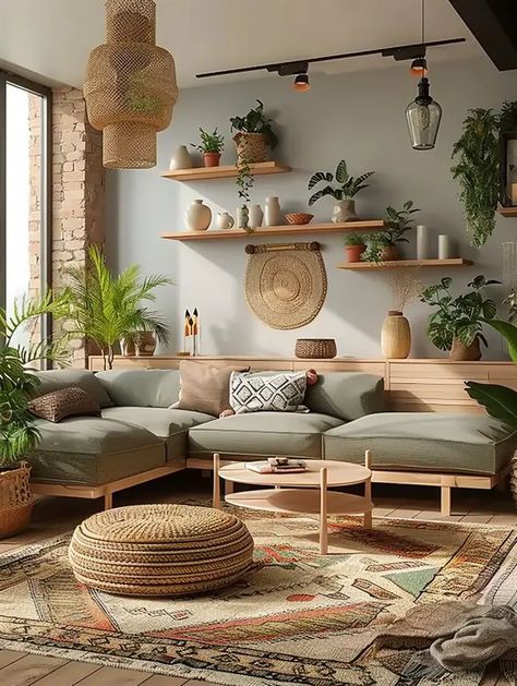 92 Ideas to Design Your Dream Boho Living Room - DecorWithEva Earthy Living Room Gray Couch, Living Room Two Seating Areas, Minimal Cottage Living Room, Lounge Rooms Ideas, Nature Theme Living Room, Green Boho Living Room, Zen Nursery, American Cozy, Living Room Design Green