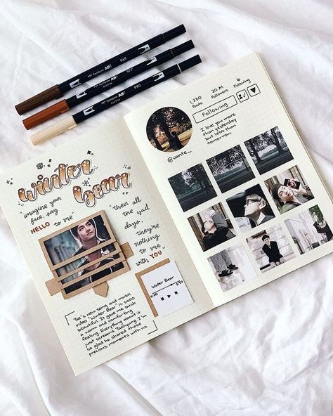 Buku Diy, Instagram Journal, Bts Journal, Cadeau Couple, Bullet Journal Notes, Kpop Journal, Bullet Journal Ideas, Winter Bear, Bullet Journal Mood