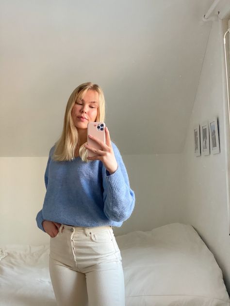 Cropped Blue Sweater Outfit, Light Blue Socks Outfit, Pale Blue Jumper Outfit, Outfits With Blue Sweaters, Wide Leg Light Blue Jeans Outfit, Powder Blue Sweater Outfit, Light Blue Pullover Outfit, Light Blue Crewneck Outfit, Light Blue Knit Sweater Outfits