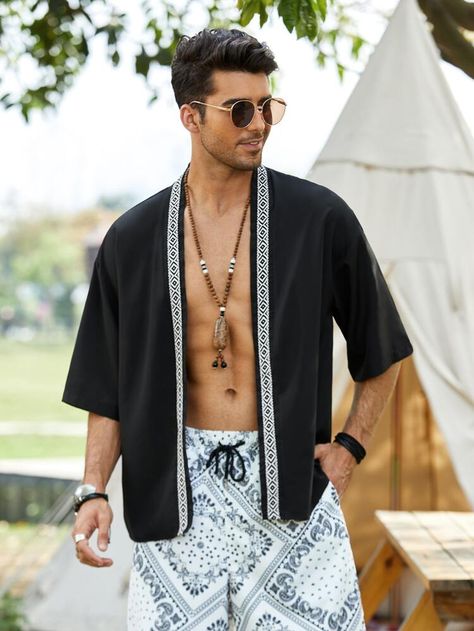 Rave Outfits Men Edm, Music Festival Outfits Men, Male Rave Outfits, Club Outfit Men, Men Rave Outfits, Estilo Burning Man, Rave Outfit Men, Electro Festival Outfit, Mens Kimono Shirt