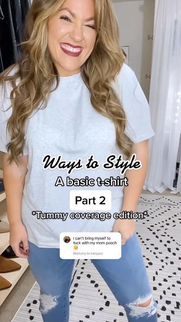 TARYN | Midsize Style | size 14 Fashion Inspo on Instagram: "PART 2!!! So many of you asked for this one! 👏🏼 Have you tried any of these T-shirt hacks? I get that some of us are not in love with our tummy’s/fupas and that’s okay, try these out! Thanks so much for all the love on the last video ❤️ 📌Edit: for those asking this T-shirt is @skims and the most perfect, cozy tee ever! #stylehacks #midsizestyle #size14 #curvygirlstyle #tshirtstyle #fashionhacks #fallfashion2022 #midsizefashion # Casual Looks For Plus Size Women, White Shirt And Jeans Outfit Midsize, Tshirt And Jeans Plus Size Outfit, White Shirt And Jeans Plus Size, T Shirt Outfit Midsize, Plus Size T Shirt Styling, Capsule Wardrobe Shirts, Plus Size Jean Shirt Outfit, Oversized T Shirt Plus Size
