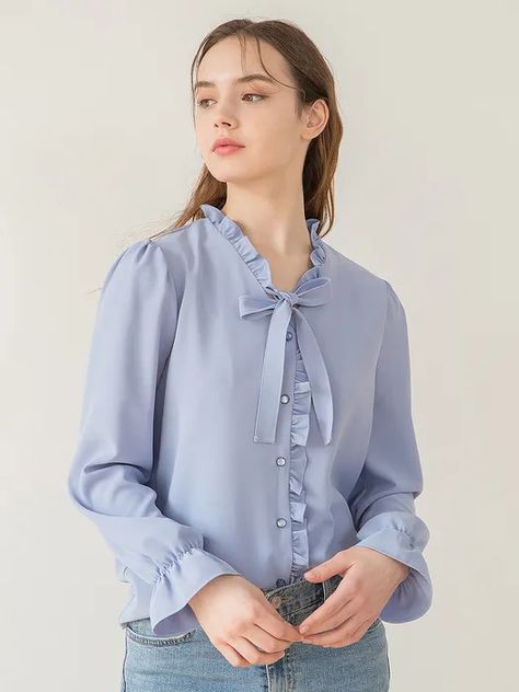 V-Neck Frill Ribbon Blouse_Sky | W Concept Frill Sleeves Design, Thrift Flips, Feminine Blouses, Frill Sleeves, Tie Neck Blouse, Sleeve Designs, Classy Outfits, No Frills, Fabric Color