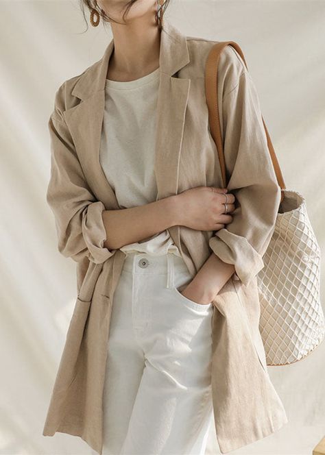 Apricot Patchwork Linen Coats Peter Pan Collar Long Sleeve LY2180 - fabuloryshop Patchwork, Casual Outwear, Straight Clothes, Lightweight Blazer, Single Button Blazer, Vintage Cardigan, Linen Jacket, Spring Outfits Women, Blazer Outfits