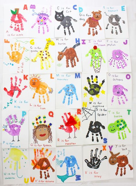 Abc Fingerprint Book, Handprint Preschool Art, Letter A Handprint Crafts For Preschool, Alphabet Book With Handprints, Alphabet Handprint Art Letters, Letter A Infant Crafts, A Handprint Craft Letter, Abc With Handprints, S Is For Craft Handprint