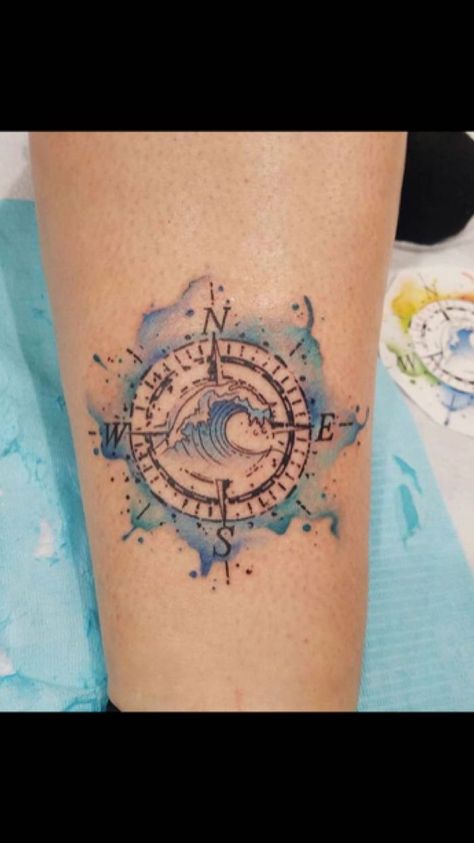 watercolor-giant-wave-blue-anchor-and-compass-tattoo-leg-tattoo-blue-paper Compass Tattoo Meaning, Small Compass Tattoo, Nautical Compass Tattoo, Compass Tattoo Men, Compass Rose Tattoo, Compass Tattoo Design, Beach Tattoo, Hawaiian Tattoo, Different Tattoos