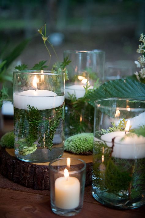 Enchanted Forest Candles, Diy Enchanted Forest Centerpieces, Nature Theme Bridal Shower Ideas, Forest Green Decorations, Moss And Candle Centerpiece, Moss Wedding Decor Forest Theme, Forest Themed Centerpieces, Bridal Shower Forest Theme, Cedar Centerpiece Wedding