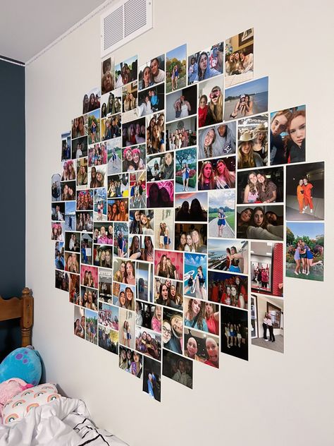 Room Decor Bedroom Photo Wall, Photos Decoration Wall, Photowall Ideas Teen Bedroom, Room Decor Bedroom Picture Wall, Wall Photo Decor Ideas, Heart Made Out Of Pictures On Wall, Picture Wall Aesthetic Bedroom, Room Wall Aesthetic Pictures, Photo Display Ideas Bedroom