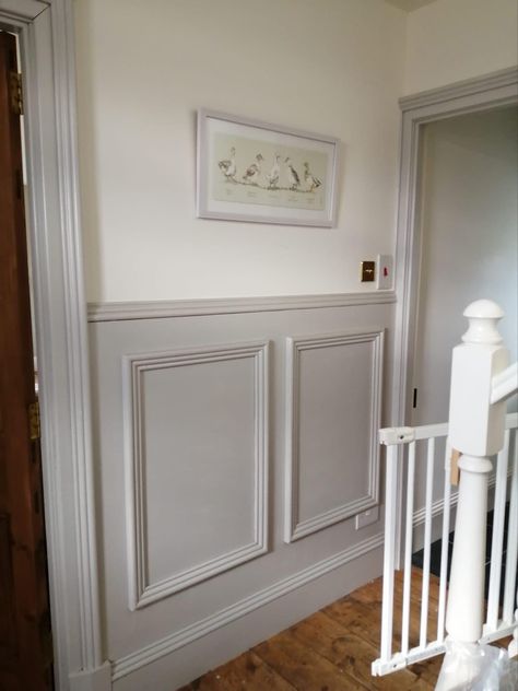 Top - F&B Pointing, Bottom -F&B Cornforth White Cornforth White Woodwork, Pointing Farrow And Ball Hallway, Painted Waistcoating, Farrow Ball Hardwick White, Hardwick White Farrow And Ball Hallway, Beading Panelling, Farrow And Ball Panelling, Elephants Breath Hallway, Pointing Farrow And Ball