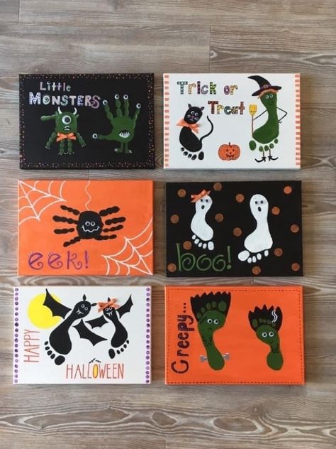 Halloween Hand and Footprint Art #halloweendecoration #halloweenideas #halloween Halloweenpyssel Barn, Halloween Infantil, Halloween Art Projects, Halloween Arts And Crafts, Baby Art Projects, Halloween Crafts For Toddlers, Carte Halloween, Footprint Crafts, Toddler Arts And Crafts