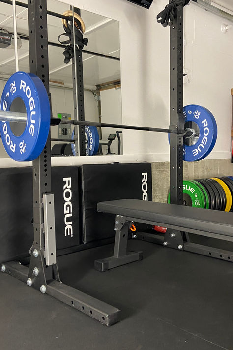 Wall Mounted Squat Rack, Rogue Fitness Home Gym, Rogue Home Gym, Home Gym Squat Rack, Rogue Gym, Gym Rack, Garage Gyms, Home Gym Inspiration, Small Home Gym
