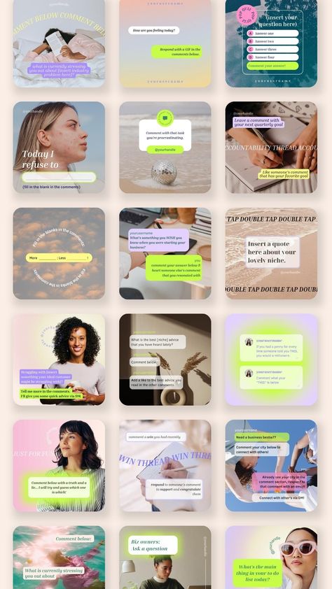 Engagement Boost Posts Canva Template Pack for Instagram Feed Posts! This awesome pack of 20 feed posts was strategically designed to boost engagement and make people want to comment, like, share, and save! Youthful Instagram Feed, Ecommerce Instagram Feed, Fun Instagram Feed Design, Instagram Feed Business Design, Instagram Thread Posts, Meet Me Instagram Post, Social Media Instagram Feed, Instagram Feed For Coaches, Instagram Post Ideas Design