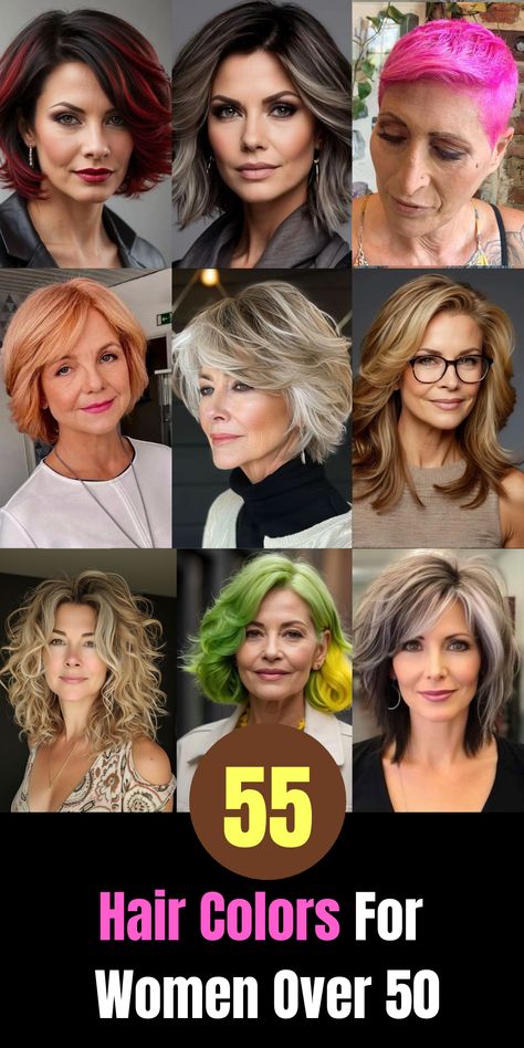 Explore the latest hair color trends for women over 50! From elegant pink hues to sophisticated gray tones, find the perfect shade to complement your style with or without glasses. Whether you prefer subtle highlights or bold transformations, these hair colors are sure to inspire your next salon visit. #HairColor #WomenOver50 #TrendingStyles #GrayHairDon'tCare Hair Colour Over 50 Women, Hair Color Over 50 Highlights, Hair Color Ideas For Women In Their 50, Best Hair Color To Blend With Grey Roots, Hair Colours For Over 60, Hair Colors For Summer Skin Tone, Best Hair Color For Women Over 55, Over 50 Womens Hairstyles, Hair Color For 60 Year Olds Highlights