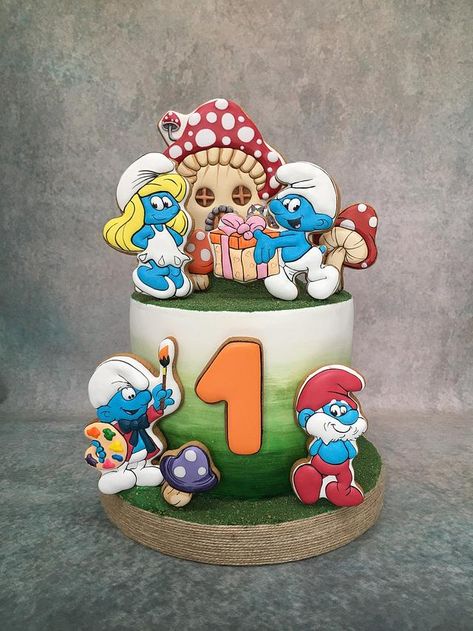 Smurfs Party Decorations, Smurfs Birthday, Smurfs Cake, Smurfs Party, The Smurfs, Bday Party Theme, Cartoon Cake, Royal Icing Decorations