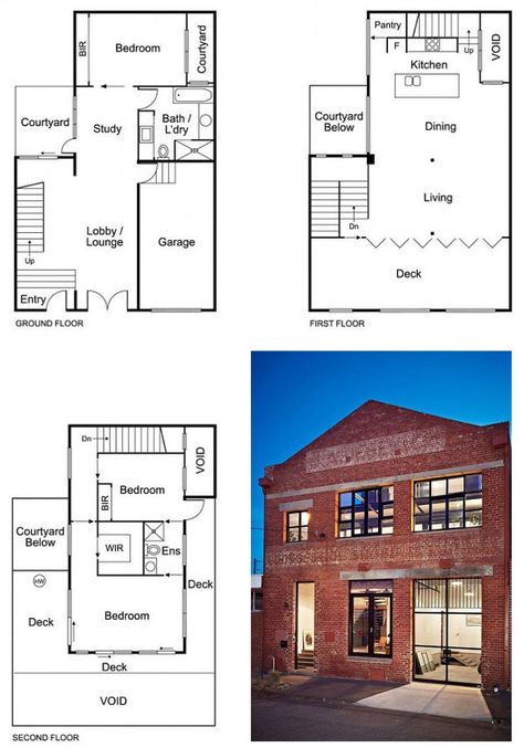 New York-Style Warehouse Conversion - 3 bedrooms, open living area, 1 car garage, lounge area, courtyard, and large deck. Townhouse Layout, Melbourne Townhouse, New Yorker Loft, Loft Floor Plans, Warehouse Apartment, Warehouse Loft, Converted Warehouse, Warehouse Living, Warehouse Conversion