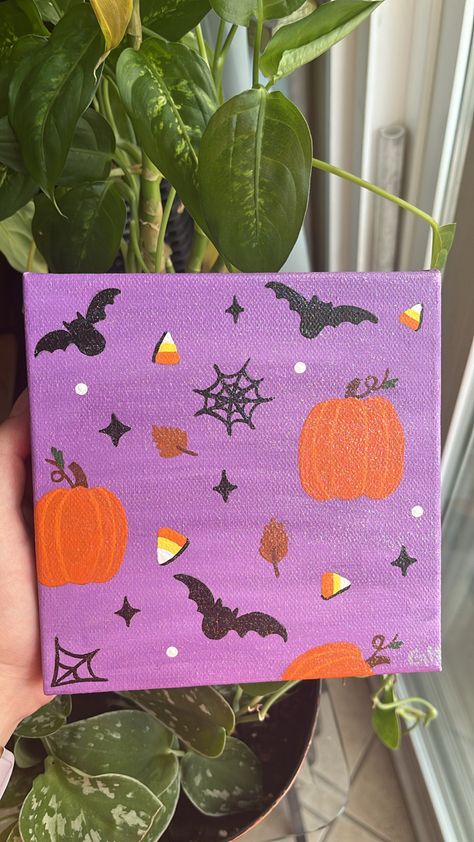 Hand Painted Canvas with halloween pattern Halloween Canvas Decor, Easy Halloween Painting Ideas, Halloween Painting Canvas, Spooky Paintings Easy, Halloween Canvas Painting Ideas, Spooky Canvas Painting, Grandma Painting, Halloween Paintings On Canvas Easy, Cat Painting Easy