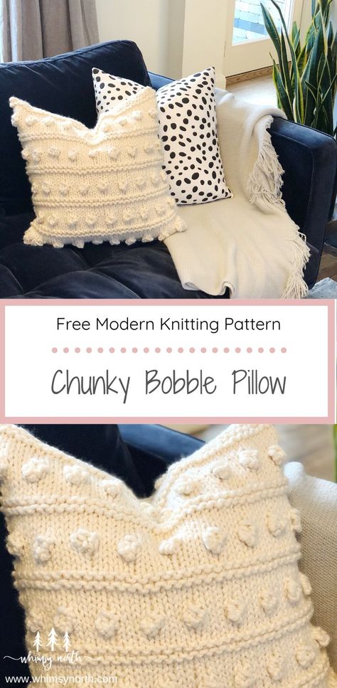 Knit your own boho inspired Chunky Bobble Pillow with this FREE pattern on the blog! Each panel is knit flat and seamed together. Pattern includes a video tutorial on how to knit a bobble stitch so it's great for beginners! It calls for 3 balls of Lion Bran Yarn, Wool-Ease Thick and Quick or any other Super Bulky Yarn. #freeknittingpattern #knithomedecor #bobblestitch #knitpillowpattern Super Bulky Knitting Patterns Free, Free Crochet Patterns Bulky Yarn, Chunky Knit Baby Sweater, Knitted Cushion Covers Free Pattern Easy, Knitted Cushions Free Patterns, Crochet Stitches Bulky Yarn, Bulky Yarn Knitting Patterns Free, Easy Knitting Projects For Beginners Free Pattern, Thick Yarn Projects