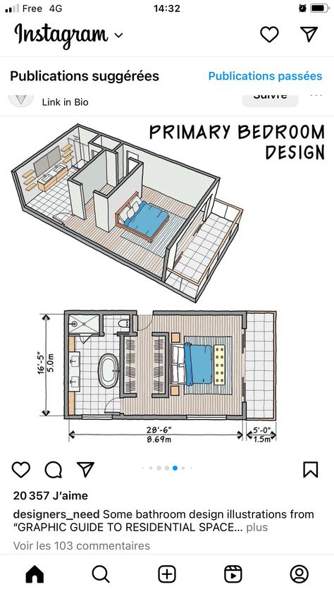 Discover templates, ebooks and more architecture resources. → Scrool down the page to see our free products! Garage Master Suite Conversion Layout, Luxury Bedroom Layout Plan, Master Bed Bath And Closet Layout, Bedroom Plans Layout, Ensuite Layout Floor Plans, Bedroom Plan Ideas, Room Aesthetic Inspiration, Open Plan Bedroom And Bathroom, Small Master Suite