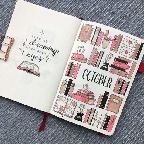 Want to use your Bullet Journal to track your reading? Or maybe bring your love for books to your journal pages? Get inspired by these amazing trackers and other book-themed Bullet Journal spreads. Weekly spreads, cover pages, reading trackers, mood trackers, and more book Bullet Journal theme inspirations. Plus my September Plan With Me including a YouTube video. #mashaplans #bulletjournal #bujo #planwithme #pwm #bujoinspo #bookbujo Bookish Journal Spreads, How To Draw A Book Cover, Library Doodle, Bookish Doodles, Book Journal Ideas Layout, October Cover Page, Notesbog Design, Journal D'inspiration, Book Doodle