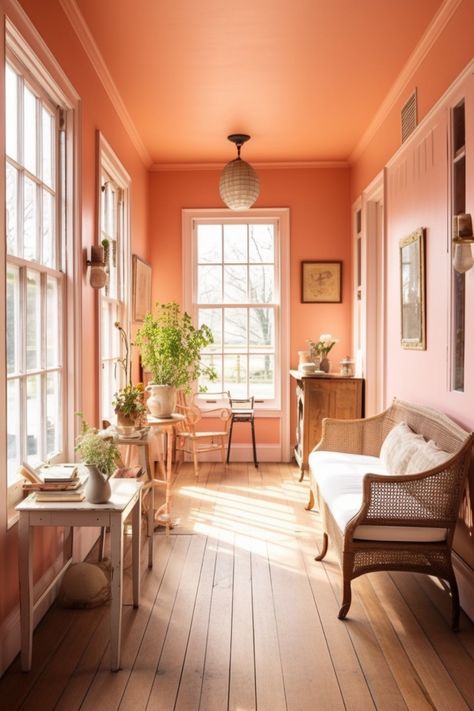 Light Apricot Walls, Pink Walls Wood Trim, Light Peach Wall Color Living Room, Peach Ceiling Bedroom, Orange Painted Ceiling, Salmon Pink Living Room, Light Peach Walls Living Room, Pale Peach Walls, Salmon Colored Walls