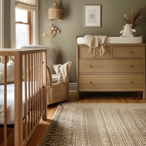 Love this darling gender neutral nursery AI Design: @rustle_homes #nursery #genderneutralnursery #greennursery Natural Wood Crib Nursery Color Schemes, Gray And Wood Nursery, Beige And Brown Nursery Ideas, Gender Neutral National Park Nursery, Sage Green And Brown Nursery, Safe Green Nursery Ideas, Neutral Earthy Nursery, Nursery Room Design Gender Neutral, Brown And Green Nursery