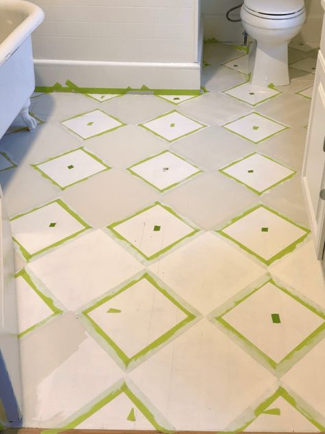 How To Paint A Harlequin Floor Pattern - Painting by the Penny Painted Striped Floor, Harlequin Floor Bathroom, Harlequin Bathroom Floor, Painted Floor Patterns, Octagon Tile Floor, Painted Kitchen Floors, Harlequin Tile, Harlequin Floors, Painted Bathroom Floors