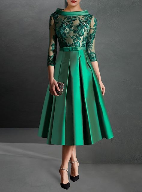 A-Line Cocktail Dress Christmas Red Green Dresses Formal Kentucky Derby Tea Length 3/4 Length Sleeve Jewel Neck Fall Wedding Guest Satin with Pleats Appliques 2023 2023 - US $142.99 Green Dresses Formal, Green Dress Formal, فستان زهري, Red Green Dress, Cocktail Dress Elegant, Cheap Cocktail Dresses, Fall Wedding Guest, A Line Cocktail Dress, Floral Dress Formal