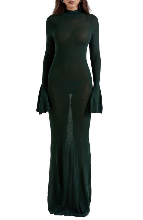 This semisheer maxi dress brings subtle romance to your style with long bell sleeves, an open back and a silky-soft touch. Exclusive retailer Pull-on style Mock neck Long sleeves Semisheer Unlined 100% viscose Dry clean Imported Collar Maxi Dress, Maxi Dress Elegant, Flare Long Sleeve, Long Sleeve Dresses, House Of Cb, Dresses 2024, Simply Chic, Maxi Knit Dress, Elegant Chic