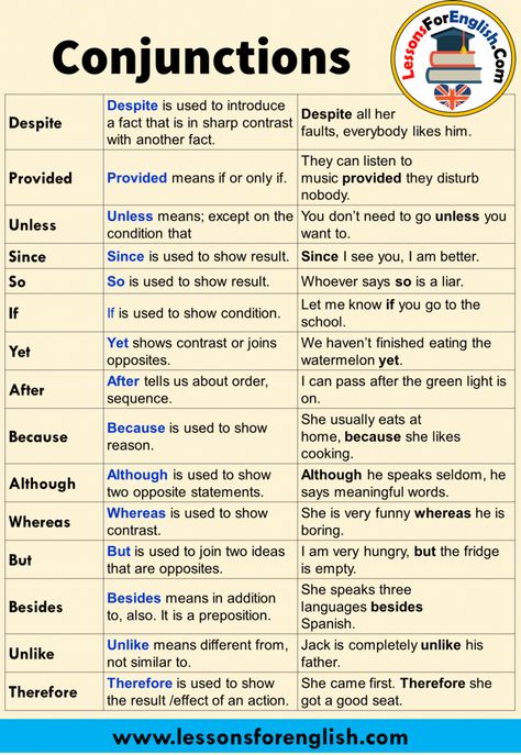 English Conjunctions, Definition and Example Sentences Yet Yet shows contrast or joins opposites. We haven’t finished eating the watermelon yet. After After tells us about order, sequence. I can pass after the green light is on. Because Because is used to show reason. She usually eats at home, because she likes cooking. Although Although is used to show two opposite statements. Although he speaks seldom, he says meaningful words. Whereas Whereas is used to show contrast. She is very funny ... English Conjunctions, अंग्रेजी व्याकरण, English Language Learning Grammar, Teaching English Grammar, Essay Writing Skills, English Vocab, Learn English Grammar, Good Vocabulary Words, Good Vocabulary