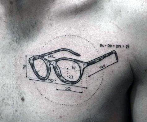 Measurements Glasses Mens Upper Chest Manly Tattoo Ideas Optician Tattoo, Tattoo Glasses, Micro Tattoo, Eyewear Store Design, Glasses Tattoo, Stick Poke Tattoo, Tattoo Maker, Framed Tattoo, Greek Tattoos