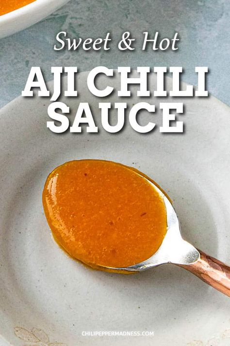 Easy Aji Chili Sauce - This aji chili sauce recipe is hot and sweet, made with a variety of fresh aji peppers from my garden, along with onion, cayenne peppers and more. Very easy to make. #chilisauce #peppersauce #hotsauce #ajipeppers via @chilipeppermadness Mexico, Aji Rico Pepper Recipes, Aji Charapita Recipes, Aji Dulce Recipes, Aji Pepper, Sweet And Spicy Chili, Spicy Chili Sauce, Chili Pepper Sauce, Dips Recipes