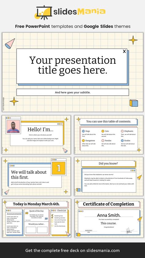 Free template with a retro interface look for Google Slides and PowerPoint. This template has a retro style with a grid background, featuring a colorful interface with geometric shapes. The pink, blue and yellow tones create a vibrant and dynamic look that will catch your audience’s attention. Whether you want to present a marketing plan, a technology project or a creative idea, this template will help you deliver your message. Preppy Slideshow Template, Themes For Google Slides, Google Slides Ideas, Grid Background, Powerpoint Ideas, Guideline Template, Brand Guidelines Template, Cute Slides, Graphic Design Infographic