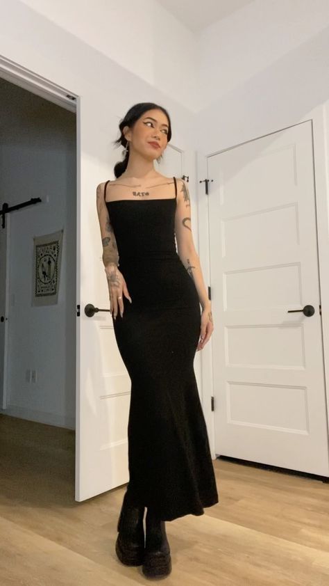 megmurayama on Instagram: bday dinner outfit :-) dress @skims shoes @stevemadden Dressed Up Dinner Outfit, Shoes To Wear With Skims Dress, Gothic Thanksgiving Outfit, Cool Black Dress, Goth Dinner Outfit, Megmurayama Outfits, Black Fancy Outfits, Dinner Looks Outfit, Dinner Outfits Dress