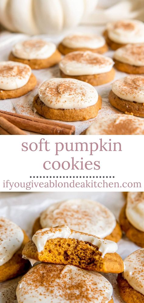 Pumpkin Cookies With Pie Filling, Fall Baked Goods Pumpkin, Pumpkin Cookies Buttercream Frosting, Cookies Recipes Fall, Recipes Using Cream Cheese Frosting, Fall Desserts Recipes Easy, Canned Pumpkin And Cream Cheese Recipes, Soft Pumpkin Cookies With Cream Cheese Frosting, Pumpkin Cookie Frosting