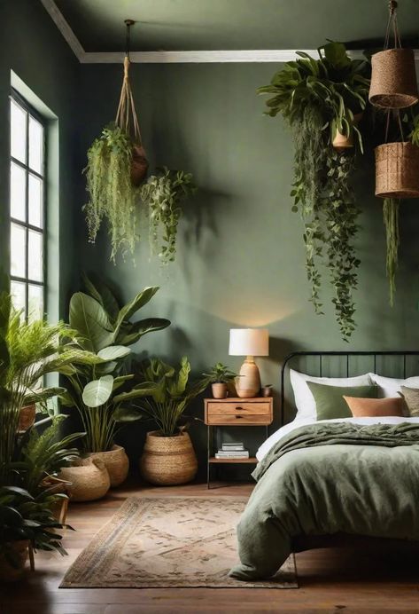 39 Sage Green Farmhouse Bedroom Ideas: Trendy Rustic Chic 40 Green Wall Styling, Evergreen Fog Bedroom Decor, Room With Plants Aesthetic Bedroom, Green Wood Bedroom Ideas, Dark Green Wall Interior, Green Natural Bedroom Ideas, Olive Green Small Bedroom, Moody Green And Black Bedroom, Green Bedroom Gold Accents