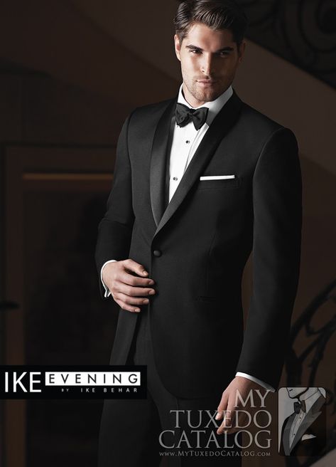 The Black 'Braydon' Tuxedo by Ike Behar is among the most formal and classic options we offer for any formal event. It features a one button single-breasted front, satin shawl collar, satin besom pockets, and is fashioned from luxuriously soft Super 120's wool. The cut is slim fit, for a closer, more exacting fit that that of classic or modern cut jackets. This tuxedo is a beautiful and classic black tie option, even by fairly strict standards, and will have you l Tuxedo Shawl Lapel, Black Tuxedo Wedding, Tux Shirt, Grooms Suit, Tuxedo Coat, Double Breasted Tuxedo, Satin Shawl, 50 Dollars, Semi Formal Wedding