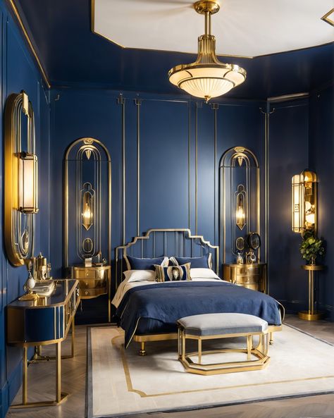 Art Deco Style Bedroom, 1920s Art Deco Aesthetic, Art Nouveau Bedroom Ideas, 1920s Art Deco Bedroom, Cobalt Bedroom, Green Art Deco Bedroom, Hollywood Regency Decor Bedroom, Art Deco Hotel Room, Art Deco Interior Design Bedroom