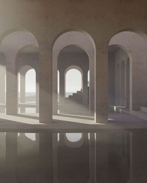 Classical Architecture, Angelic Room, Dreamscape Architecture, Dome Structure, Arch Architecture, Liminal Space, Lighting Concepts, Landscape Artwork, Brutalism