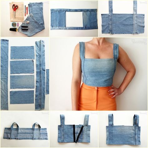 Thinking of altering the denim crop top pattern to make it a military-style crop, but all in all this is such a cute pattern to begin with Recycled Tops Ideas, Pola Top, Recycling Jeans, Diy Crop Top, Haine Diy, Upcycle Clothes Diy, Diy Clothes Refashion, Jean Shirt, Diy Vetement