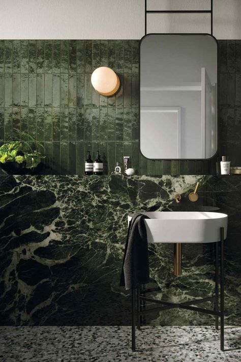 The 9 Most Popular Green Bathroom Ideas﻿﻿ | ABI Interiors Green Terrazzo Bathroom, Olive Green Bathrooms, Green Marble Bathroom, Mint Green Bathrooms, Dark Green Tile, Green Bathroom Ideas, Dark Green Bathrooms, Terrazzo Bathroom, Green Terrazzo