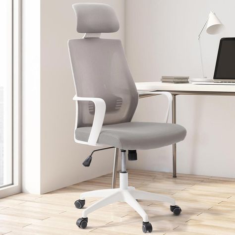 The mesh back office chair is an excellent addition to any workspace or office. A curved mesh back design creates a breathable well-ventilated backrest with added lumbar support and will keep you comfortable during your workday. The breathable padded seat is thick resilient and constructed of high-quality foam and breathable mesh cloth. The gas lift makes it easier to raise or lower the seat for the perfect position and the padded headrest only adds to the chair's comfort. | CorLiving Workspace Office Chair Grey, Grey Office Chairs, Modern Minimalist Office Chair, Comfortable Chairs For Studying, Aesthetic Chairs For Desk Study, Chairs For Study Table, Study Table Chair Design, Chair For Study Table, Office Chair Design Modern