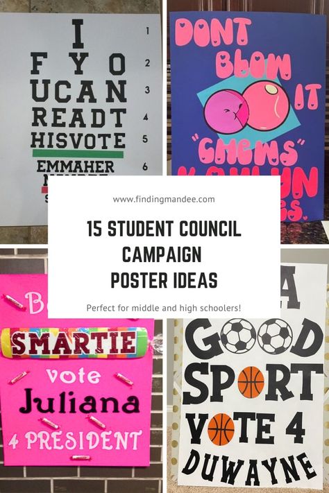 15 Student Council Campaign Poster Ideas - finding mandee Diy School Poster Ideas, Student Council Ideas For Elementary School, Student Council Posters For Treasurer, Student Council Signs Posters, Poster Ideas For Student Council Secretary, Clever Student Council Posters, Bubble Gum Student Council Poster, Bright Idea Student Council Poster, Ideas For Elementary Student Council