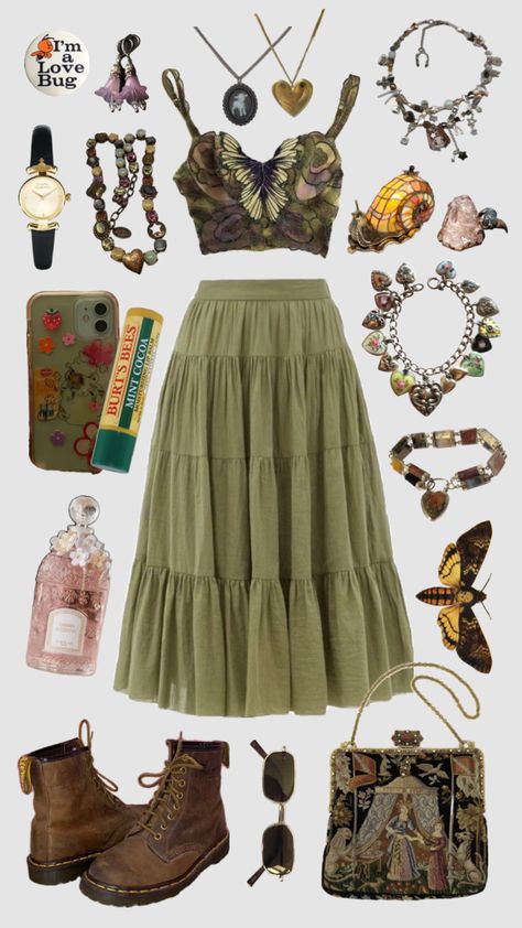 #forestgirl #outfitinspo styled by Mallie <3 Goblincore Outfits, Fairy Core Outfits, Fairycore Outfits, Moda Hippie, Cottagecore Outfits, Earthy Outfits, Estilo Hippie, Hippie Style Clothing, Look Boho